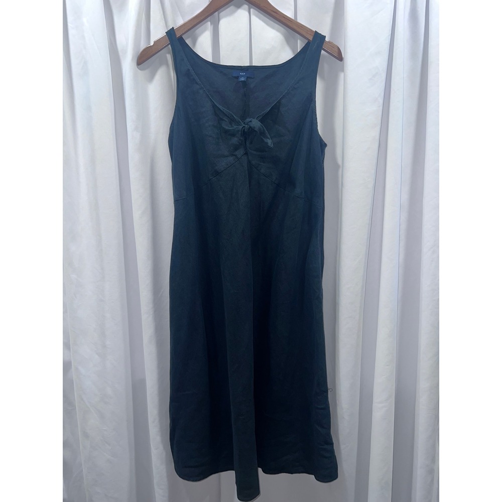 Gap Black Linen Blend Sleeveless Tie Front Midi Dress Womens Size M